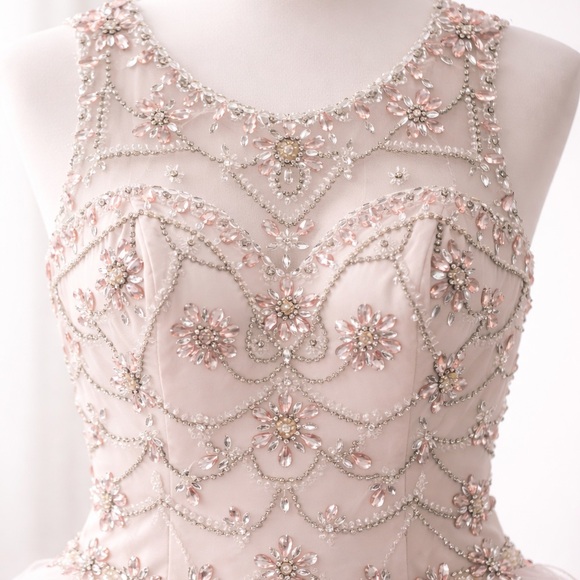 Blush Pink Ball Gown Quinceañera Prom Dress Rhinestone Corset Ruffle Tulle L/XL - Picture 3 of 14